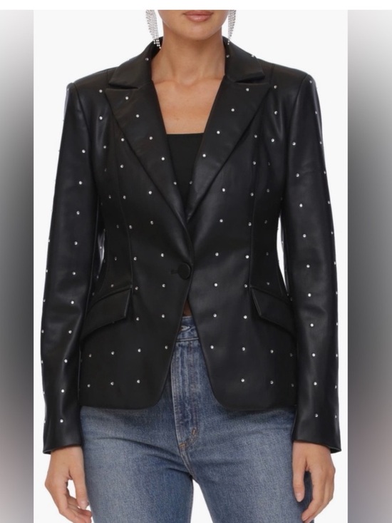 Avec Les Filles Jackets & Blazers - Avec Les Filles black vegan leather blazer with crystal detail